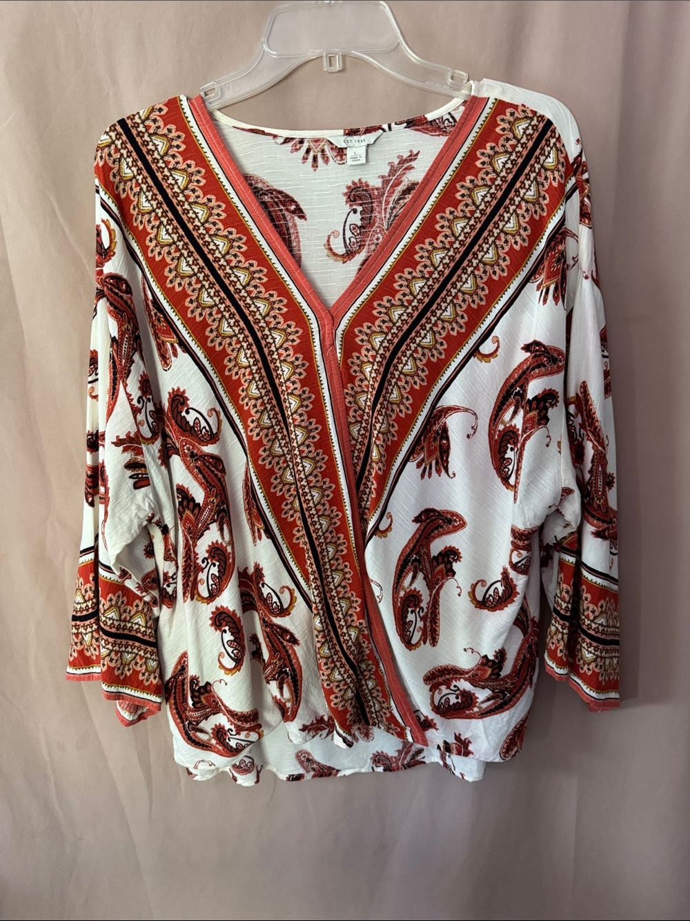 Women's Paisley V-Neck Blouse - White & Rust